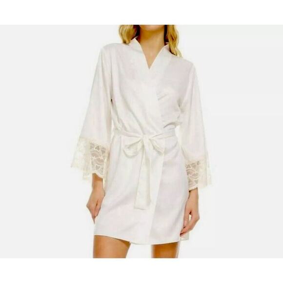 Flora by Flora Nikrooz Womens Robe S/M Cream Satin Wrap Soft Lace Trim Cream - Picture 1 of 12
